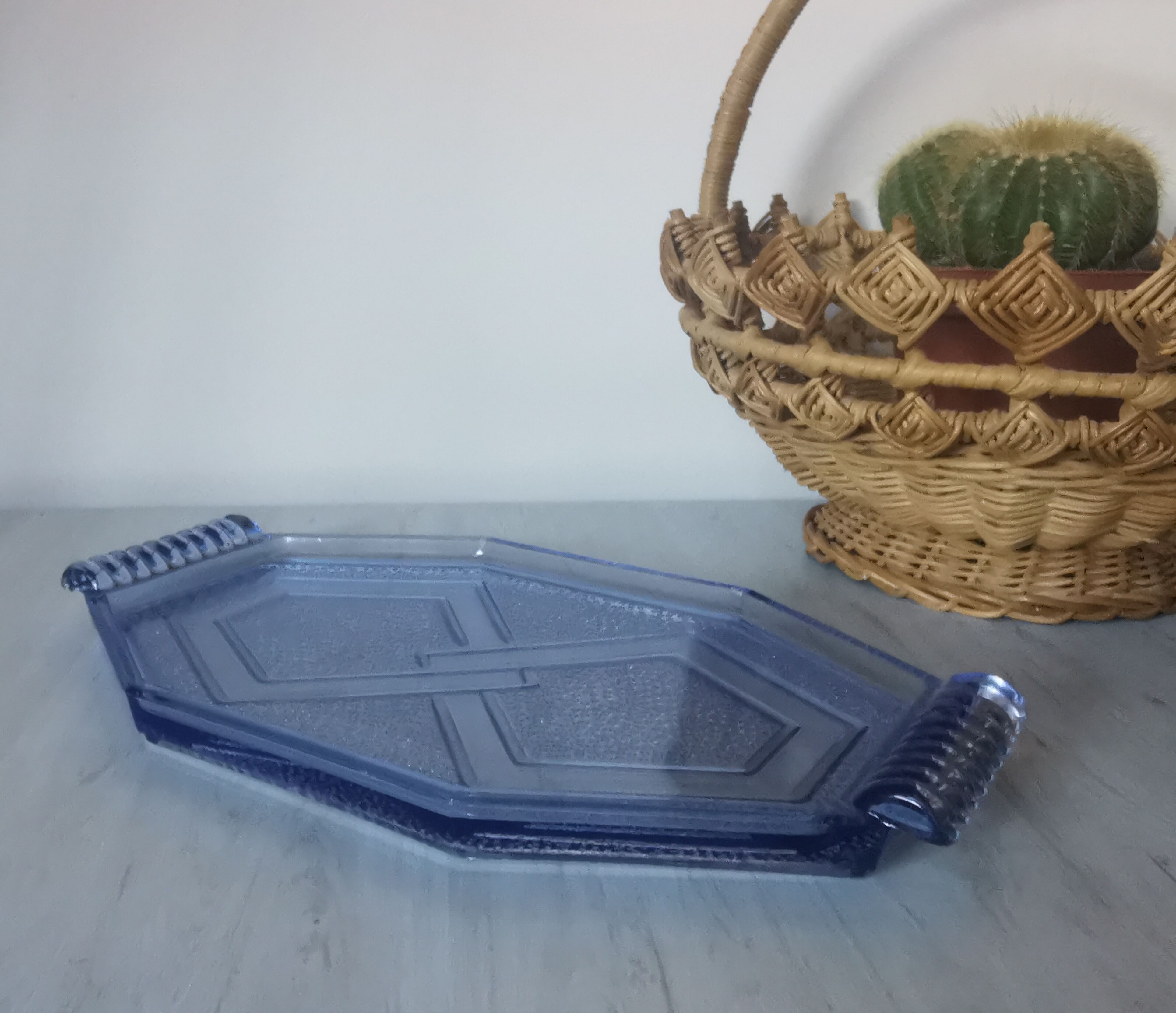 Art deco blue pressed glass tray