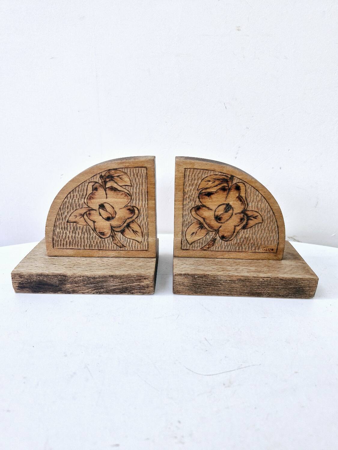 Old wooden bookends with pyrography flower decoration signed 1940s Art Deco