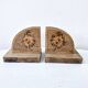 Old wooden bookends with pyrography flower decoration signed 1940s Art Deco