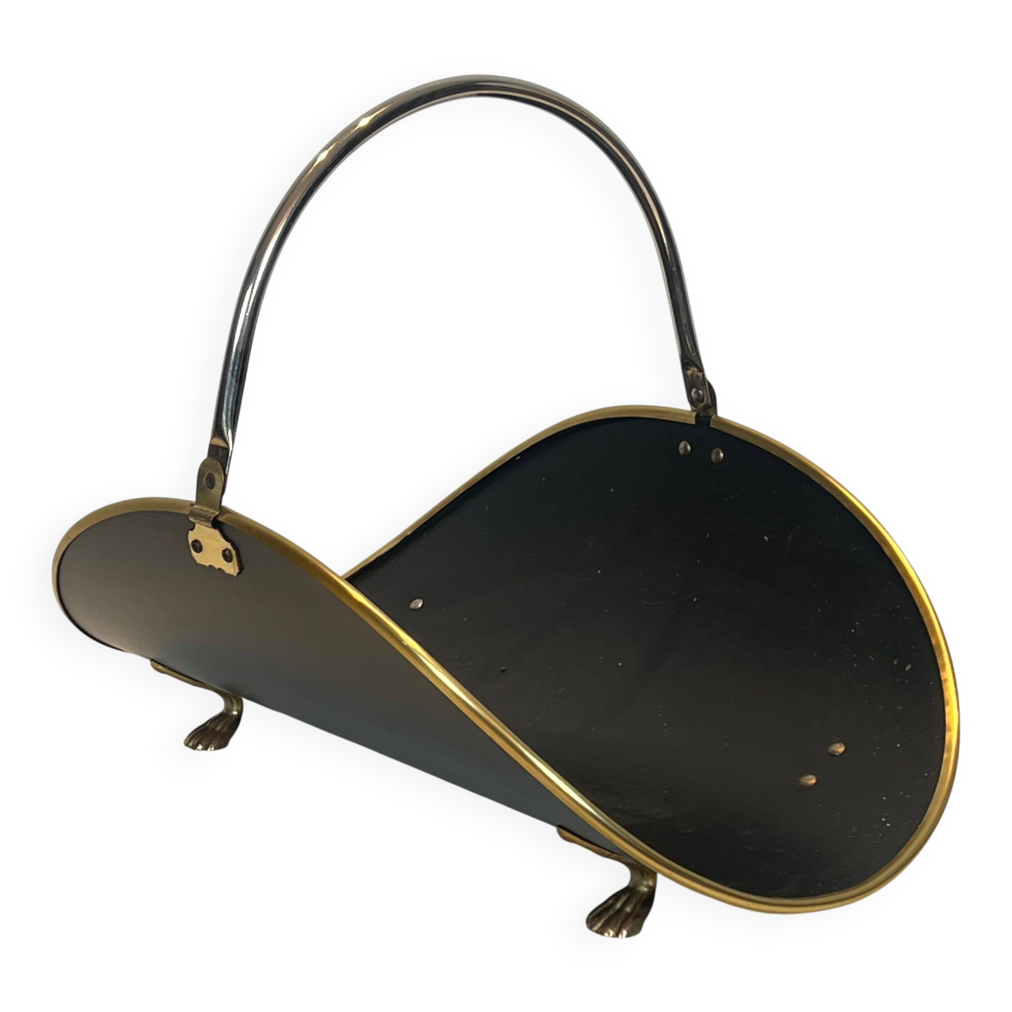 Neoclassical log holder in brass and black lacquered brass