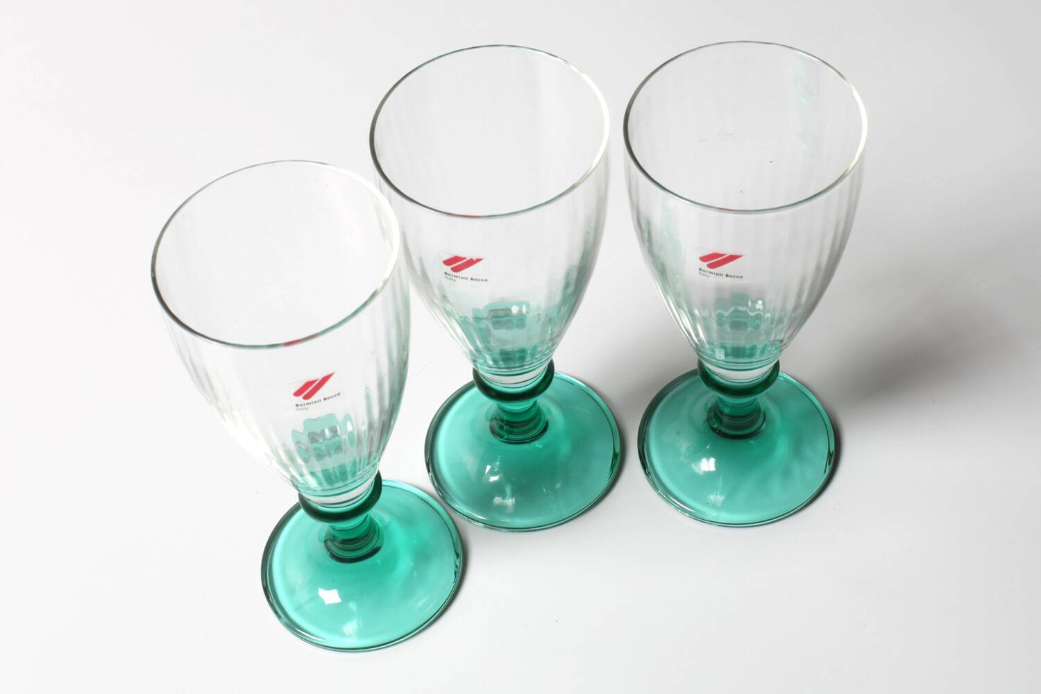 Set of 3 Vintage Bormioli Rocco Wine Glasses: Green Stem Harmonia, 1990s