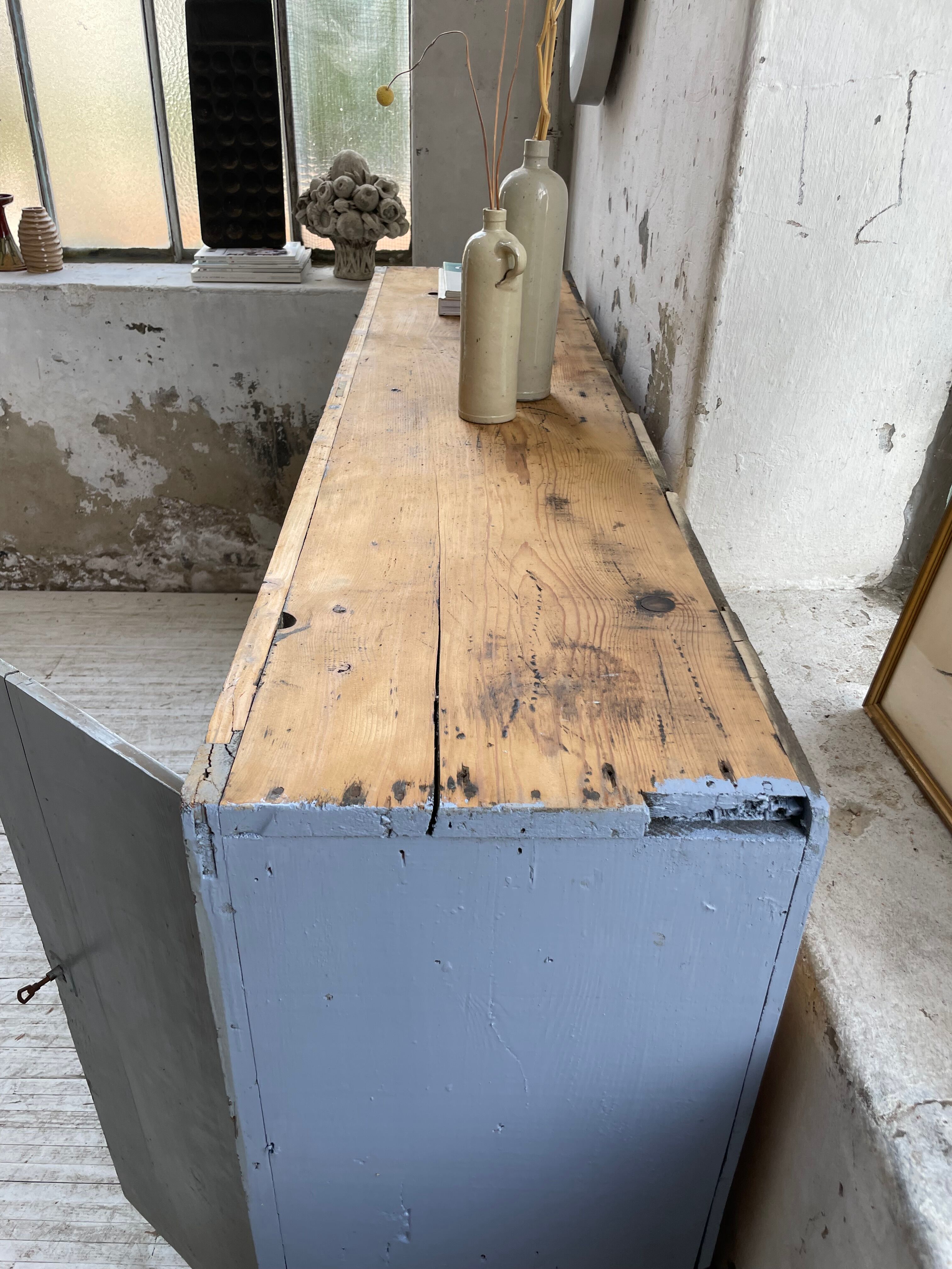 Factory blue patinated workshop furniture