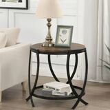 Round Industrial End Table with Storage Shelf & Adjustable Feet, Rustic Brown Top, Black Metal Frame