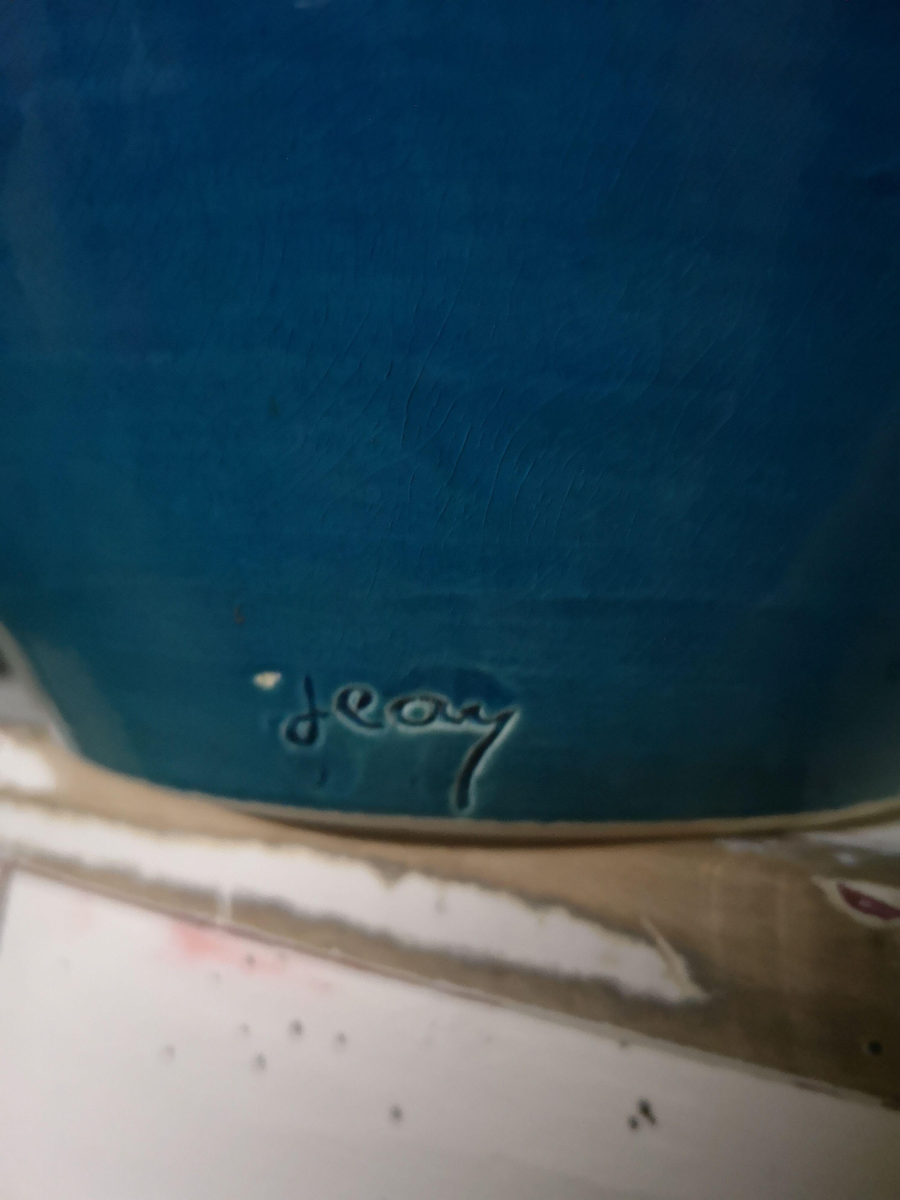 Old blue ceramic lamp signed jeay