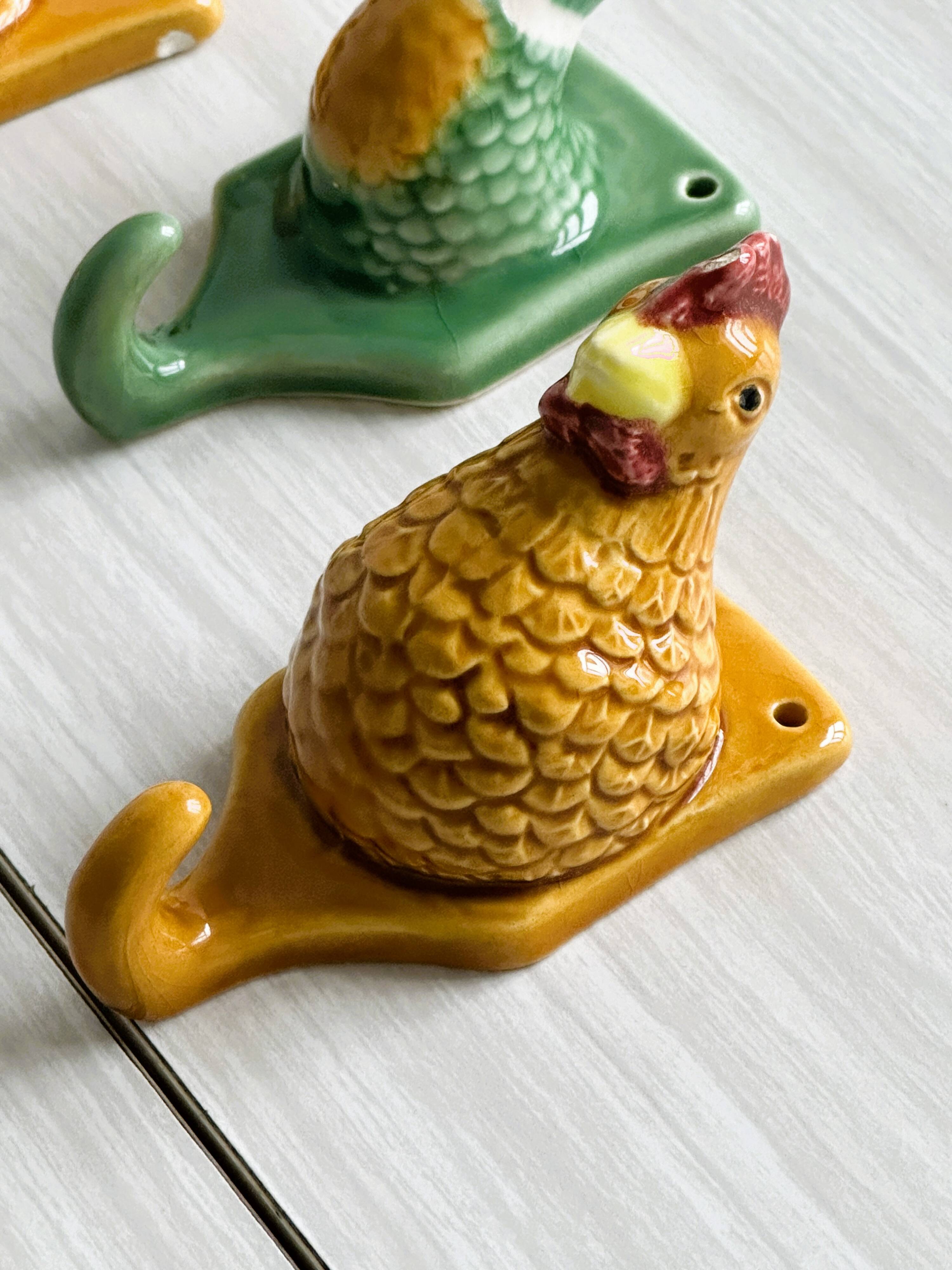 Ceramic slip kitchen towel hooks: Rooster, Hen, Duck.