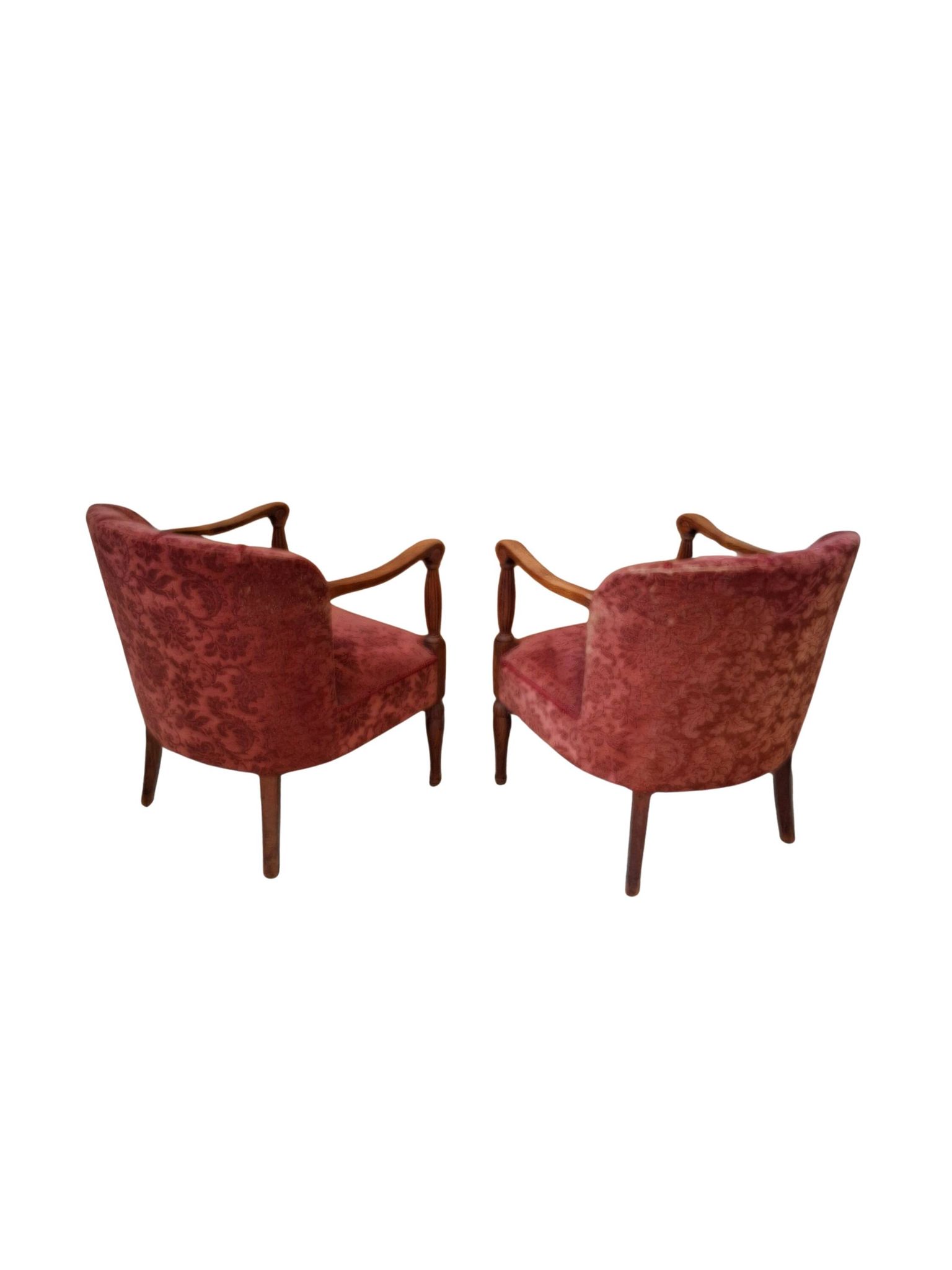 Elegante Coppia di Poltrone Vintage Anni '60 in Rovere e Velluto Damascato
