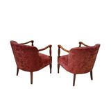 Elegante Coppia di Poltrone Vintage Anni '60 in Rovere e Velluto Damascato