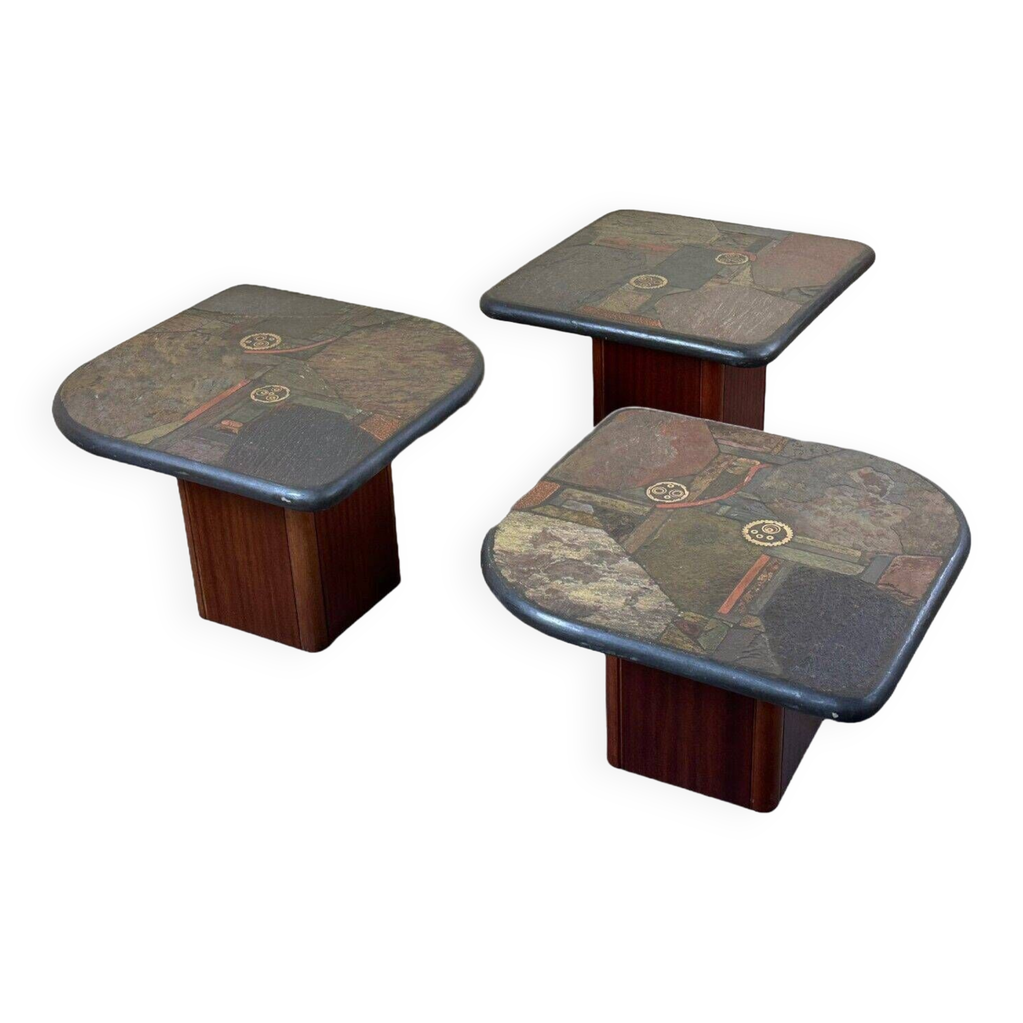 90s set of 3 brutal coffee tables with mosaic by Paul Kingma for Kneip