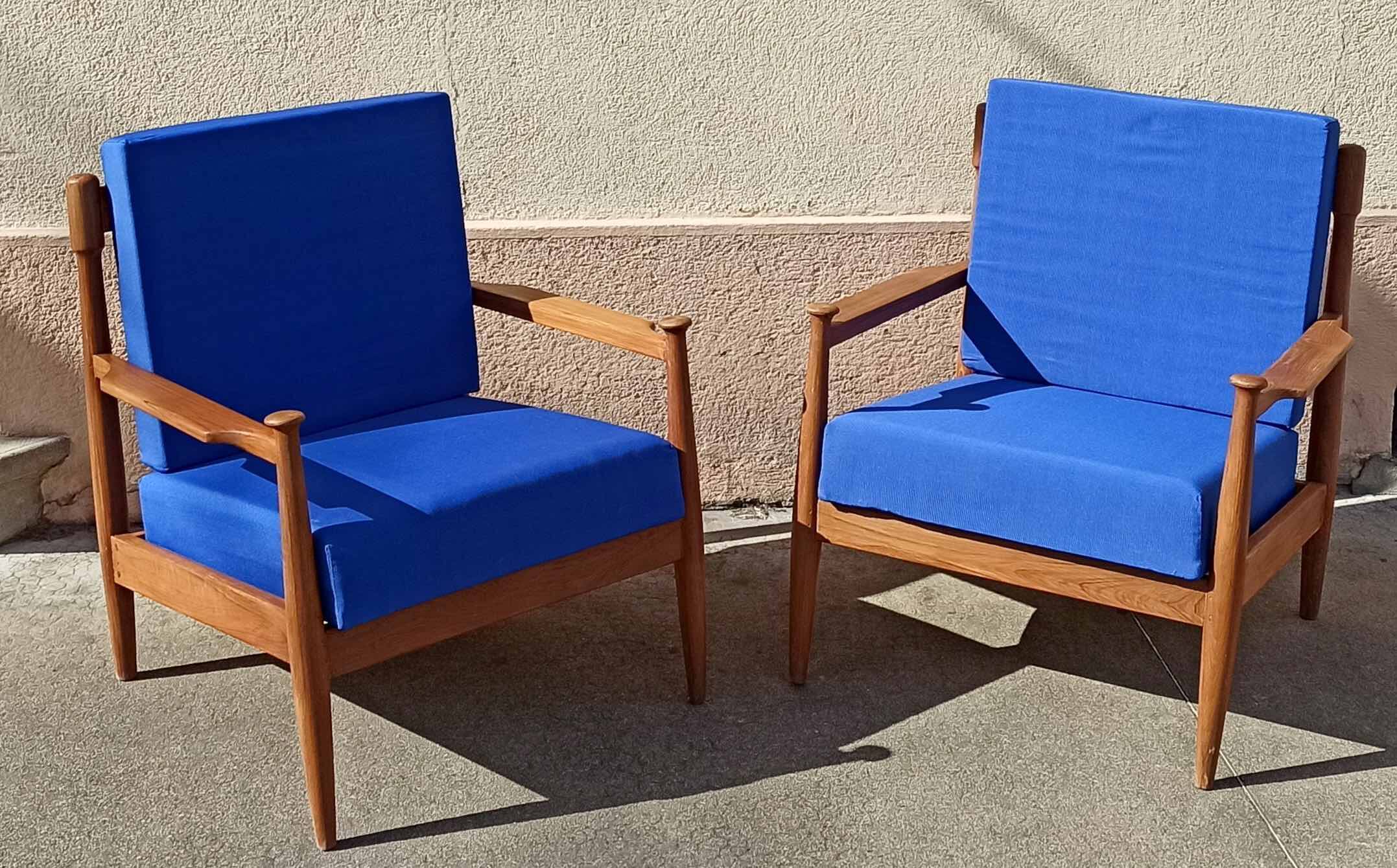 Pair of 1960s Scandinavian armchairs with blue cushions