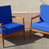 Pair of 1960s Scandinavian armchairs with blue cushions