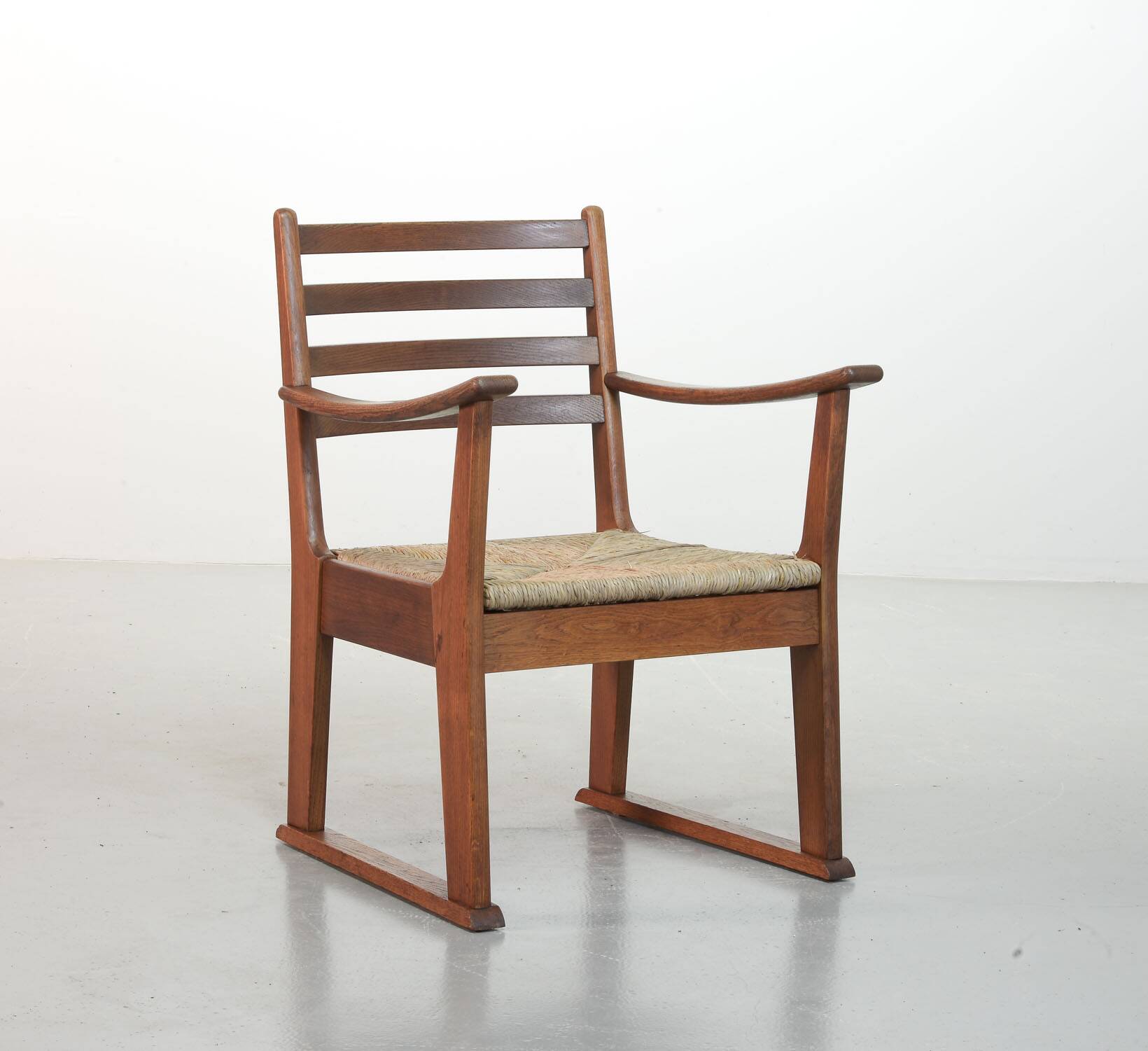 Rare Bas van Pelt Brutalist Oak Armchair with Woven Rush Seat for My Home