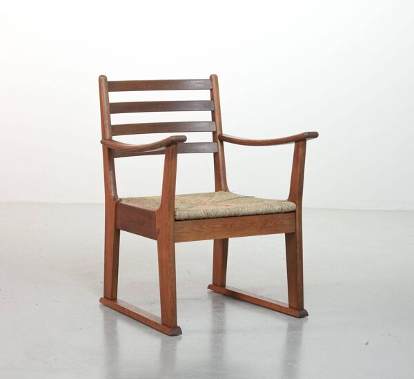 Rare fauteuil brutaliste en chêne Bas van Pelt avec assise en jonc tressé pour ma maison