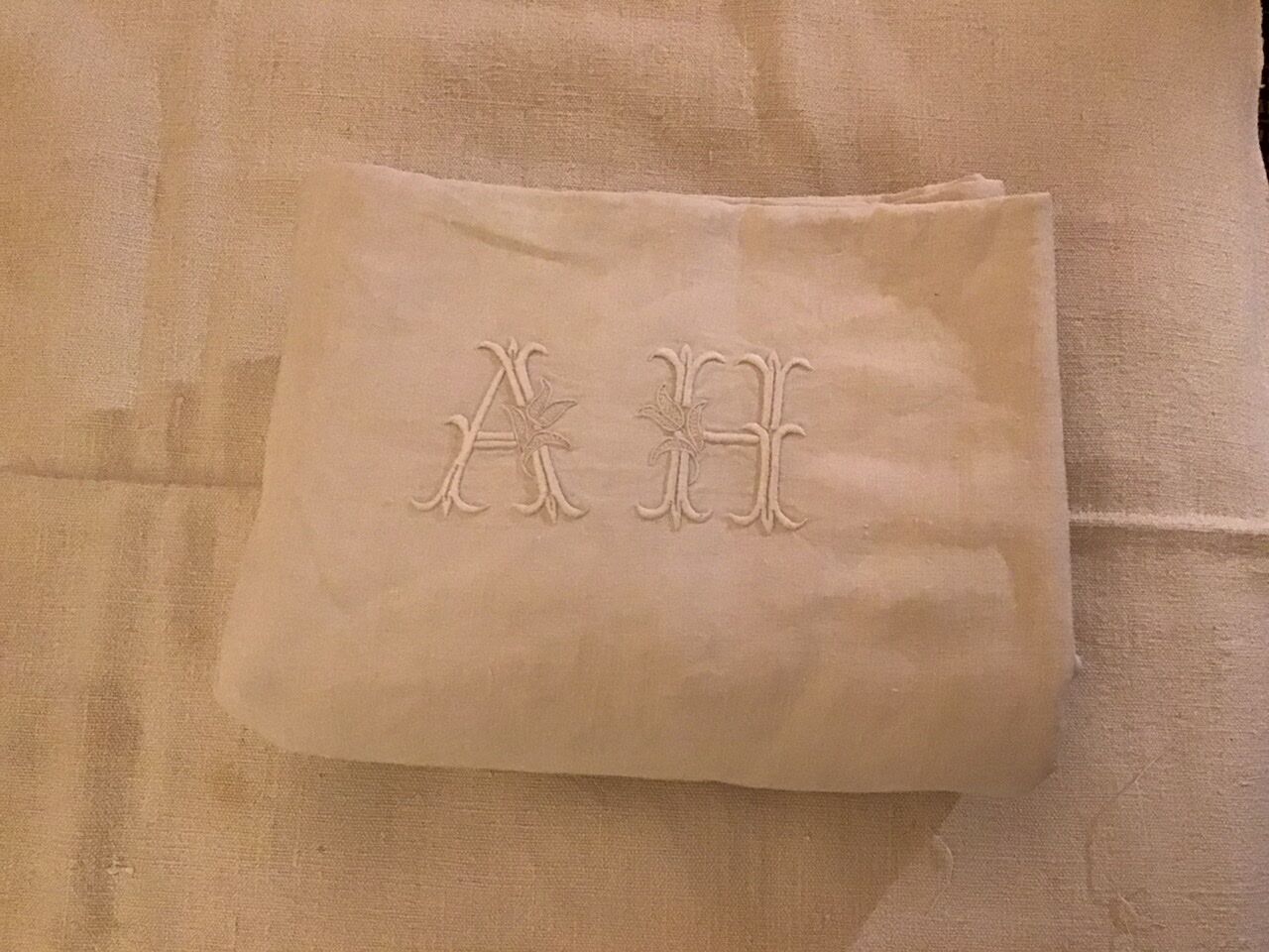 Vintage linen sheet 2 people monogrammed "AH"