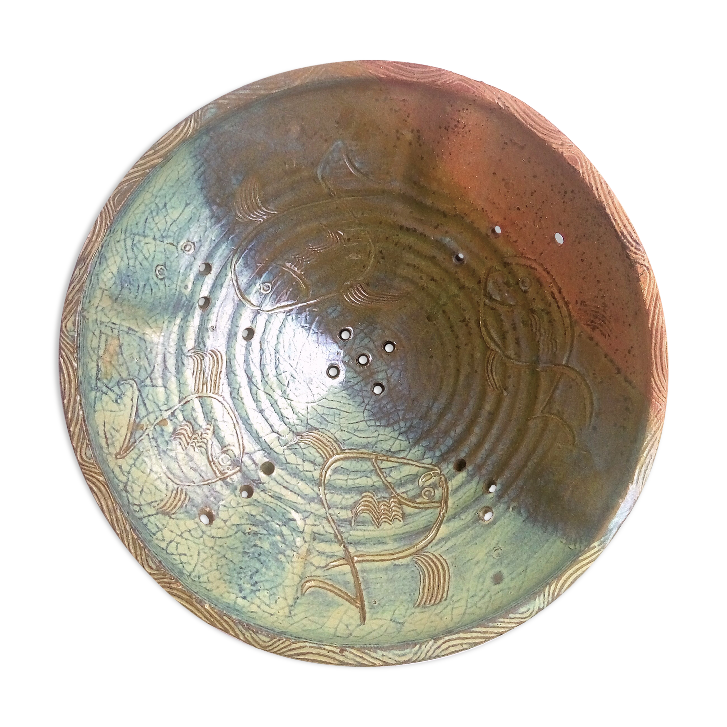 Plat égouttoir aux poissons émaillé bleu et marron