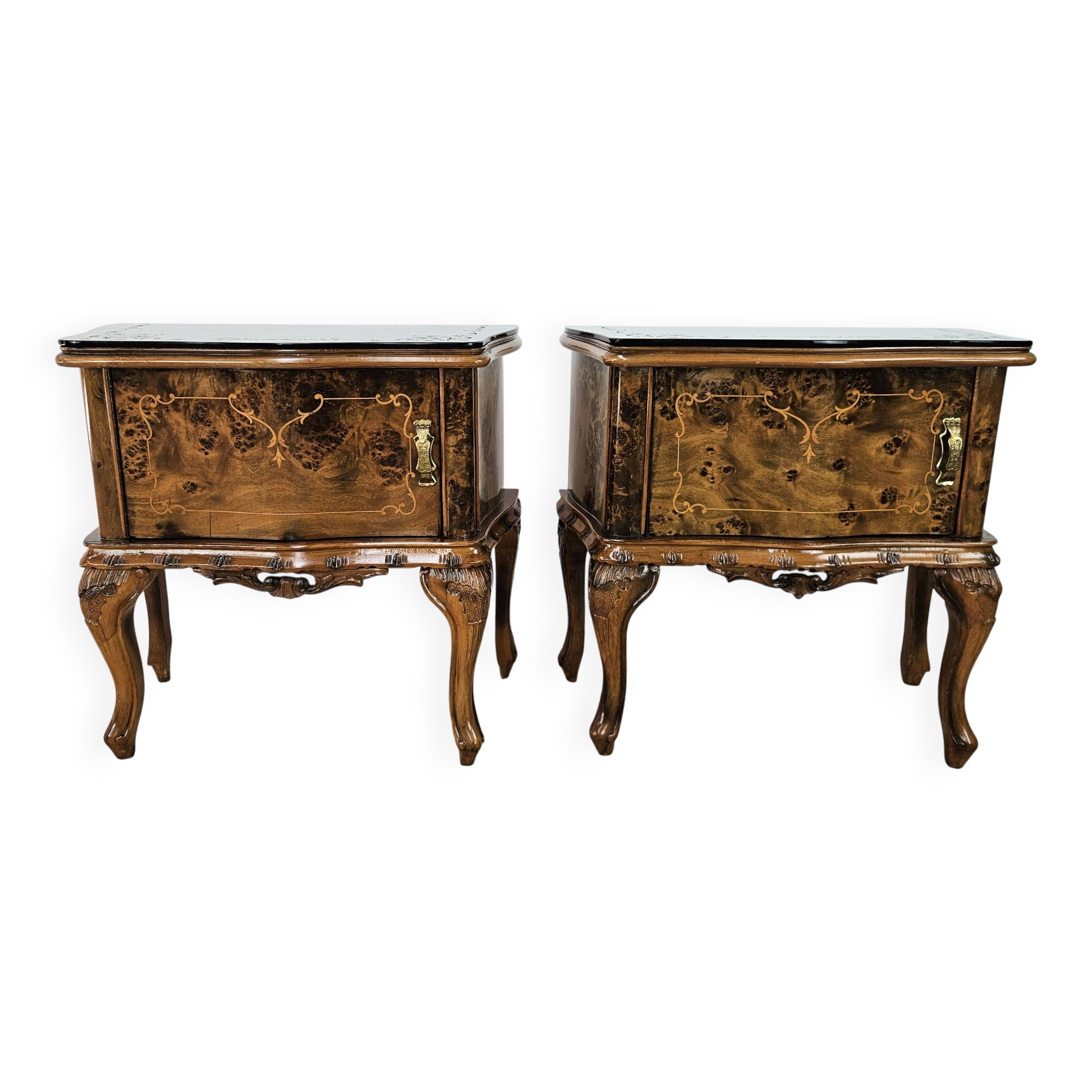 1950s Chippendale bedside tables with black glass