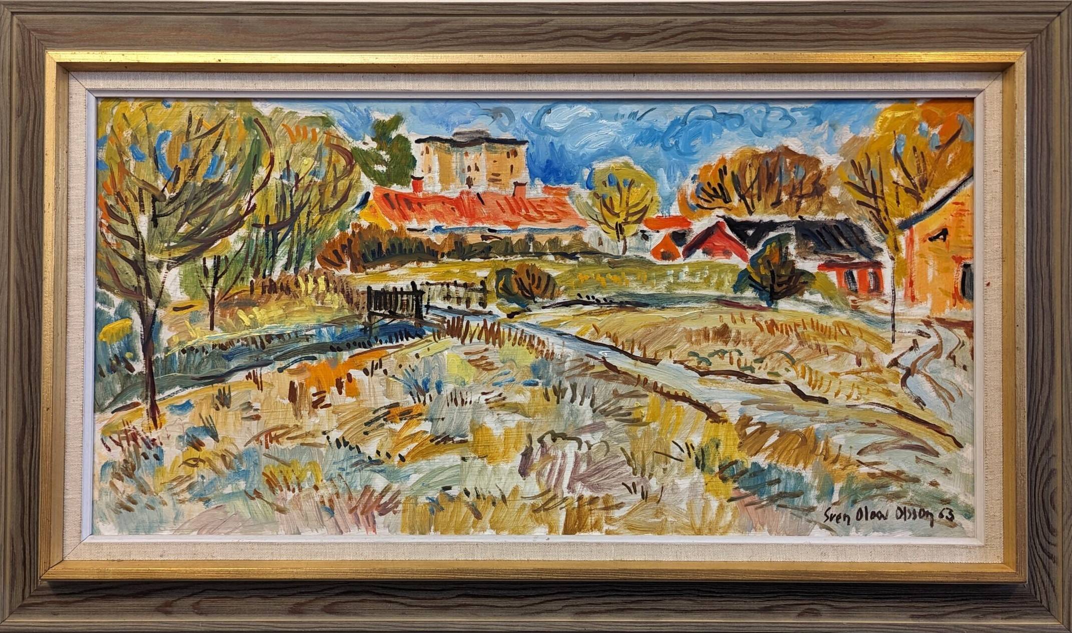 Mid-Century Modern Swedish "Fauvist Field" Vintage Landscape Oil Painting, Framed