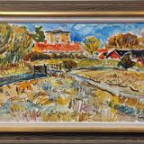Mid-Century Modern Swedish "Fauvist Field" Vintage Landscape Oil Painting, Framed