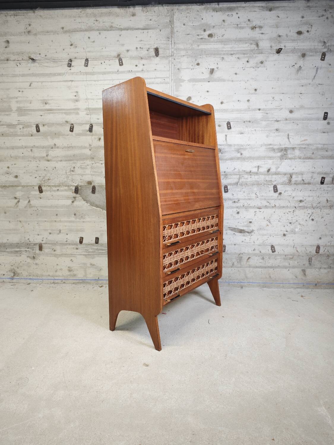 Vintage wooden and rattan secretary