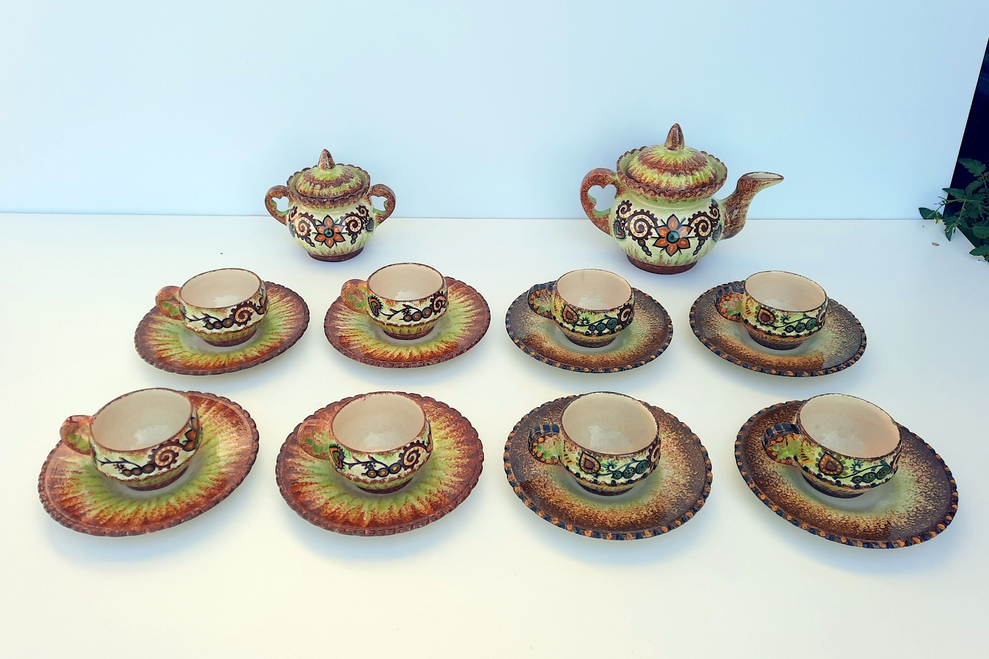 Paul Fouillen Quimper tea set sugar bowl cups and saucers