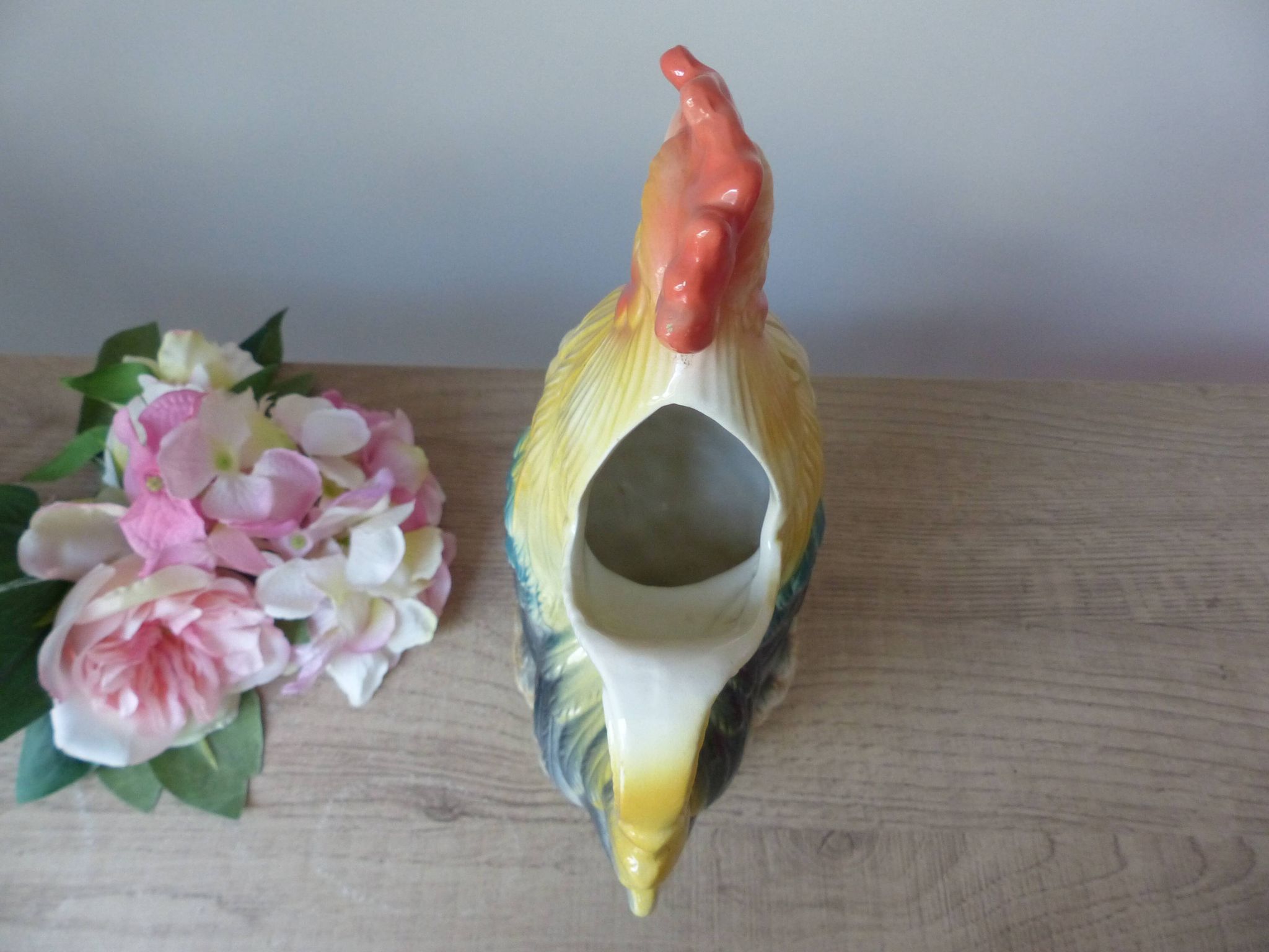 Vintage ceramic jug rooster – soft yellow and blue colours, vintage.