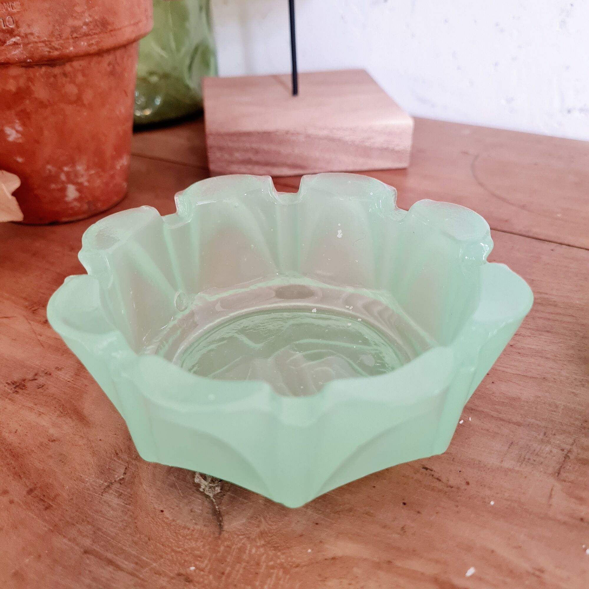 Duo of two candle holders cups in green opaline of water