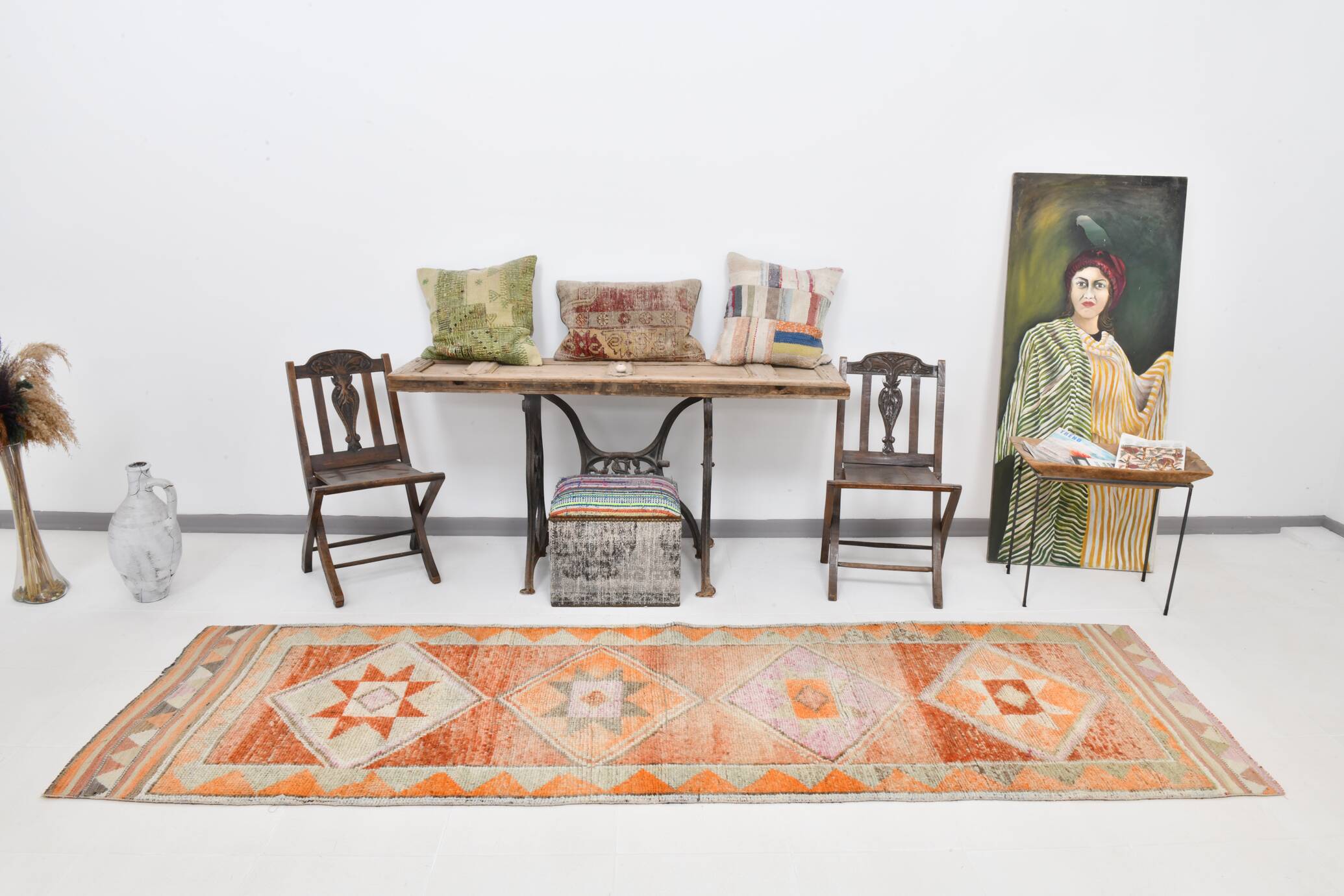 3x10 Orange & Beige Persian Vintage Runner Rug, 94x317Cm SK 22040