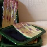 Square asparagus plates in barbotine by Marcel Guillot, set of 8.