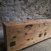 Old French industrial workshop furniture in pine / storage bench, circa 1880–1900