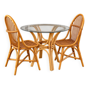 Table rotin verre fumé + chaises