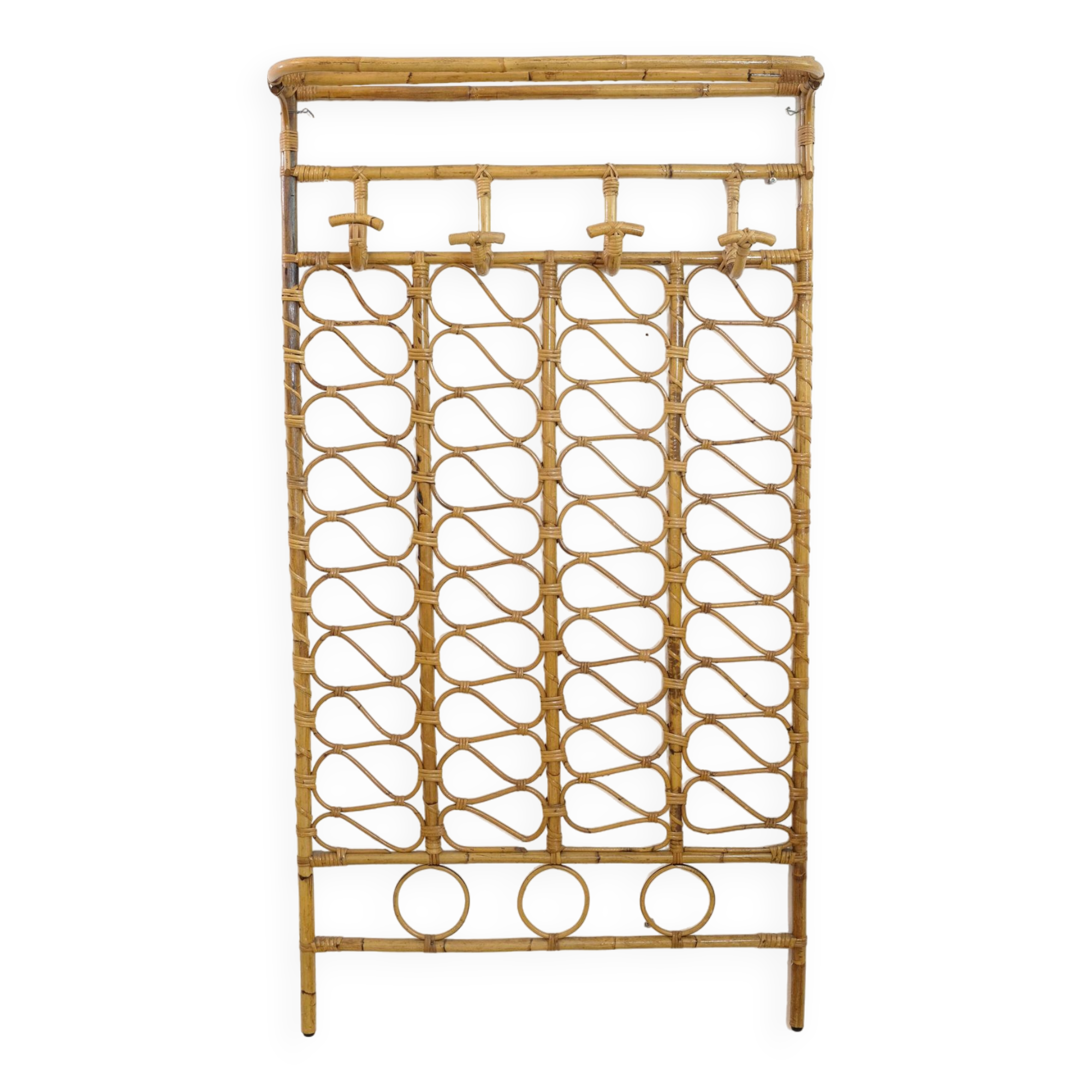 Large rattan wall coat rack, Italy, 1960s.