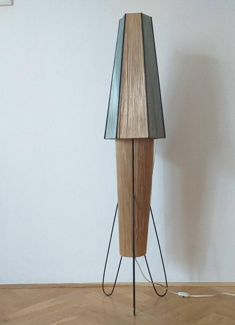 Rare Midcentury Rocket Floor Lamp, Metal and Straw, German Design