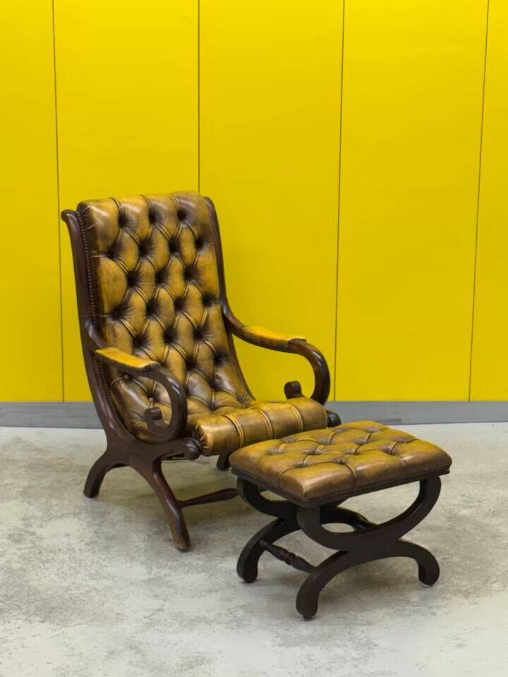 Original English Chesterfield Wingback Chair & Matching Footstool