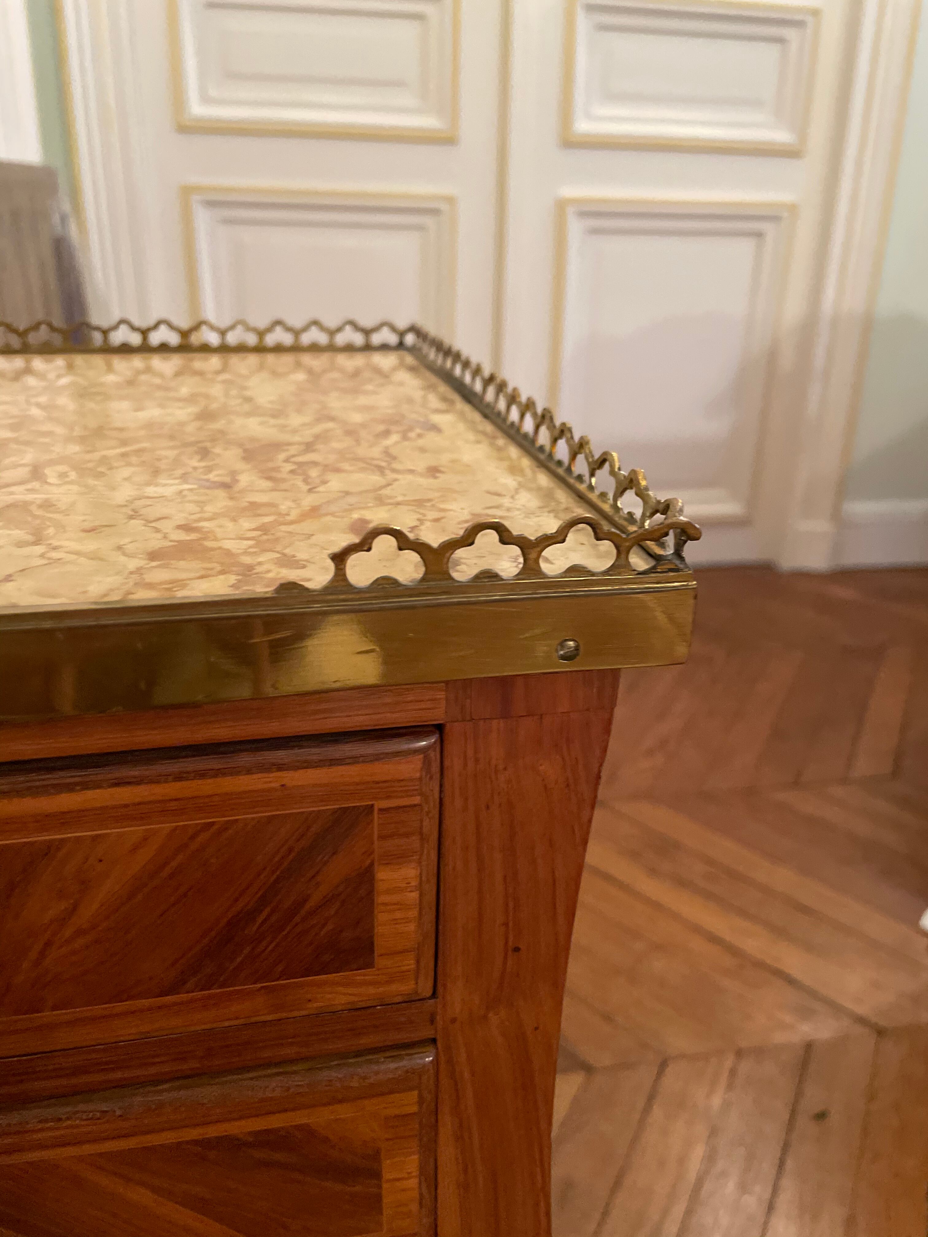 Bedside table of the 18th Louis XV period in marquetry and marble