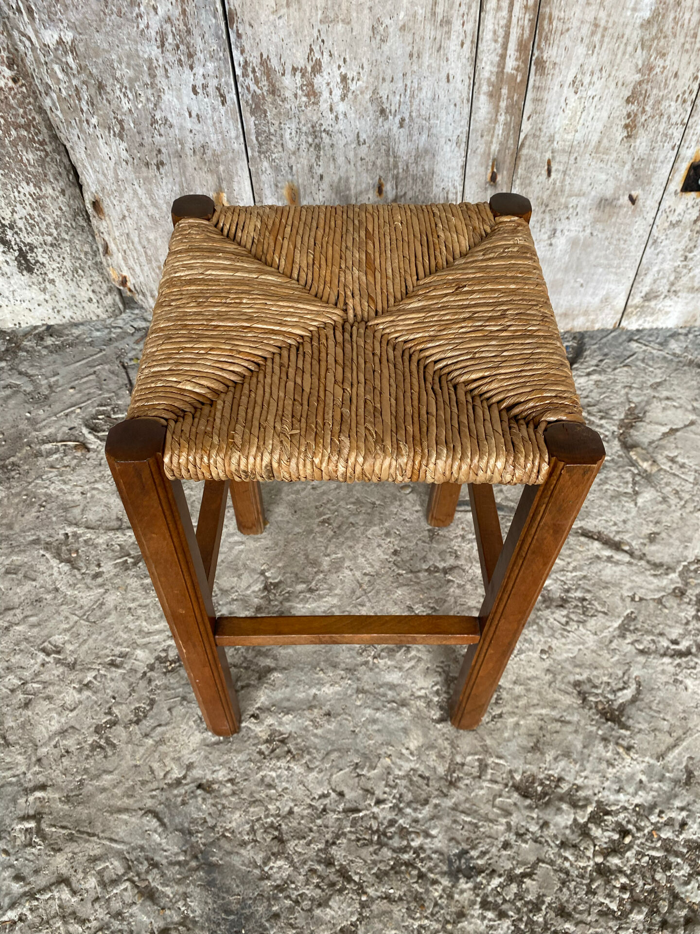 Antique Carved Wood Stool + Vintage Straw Seat #E099