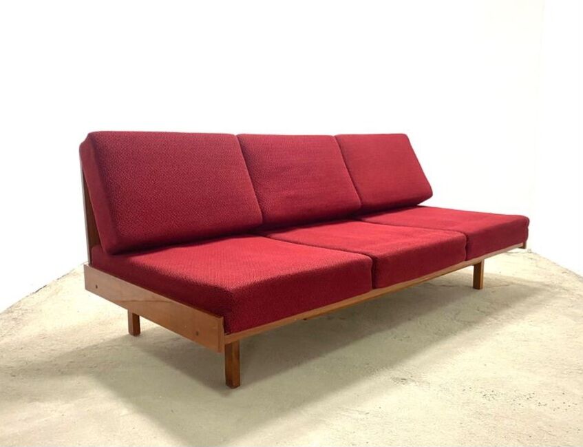 Beech sofa bed & red fabric by Drevotar Czech vintage 1960s