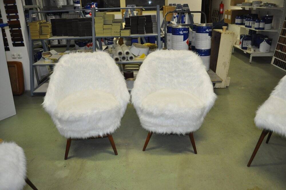 Pair of Mid-Century armchairs in white faux fur with beech legs.