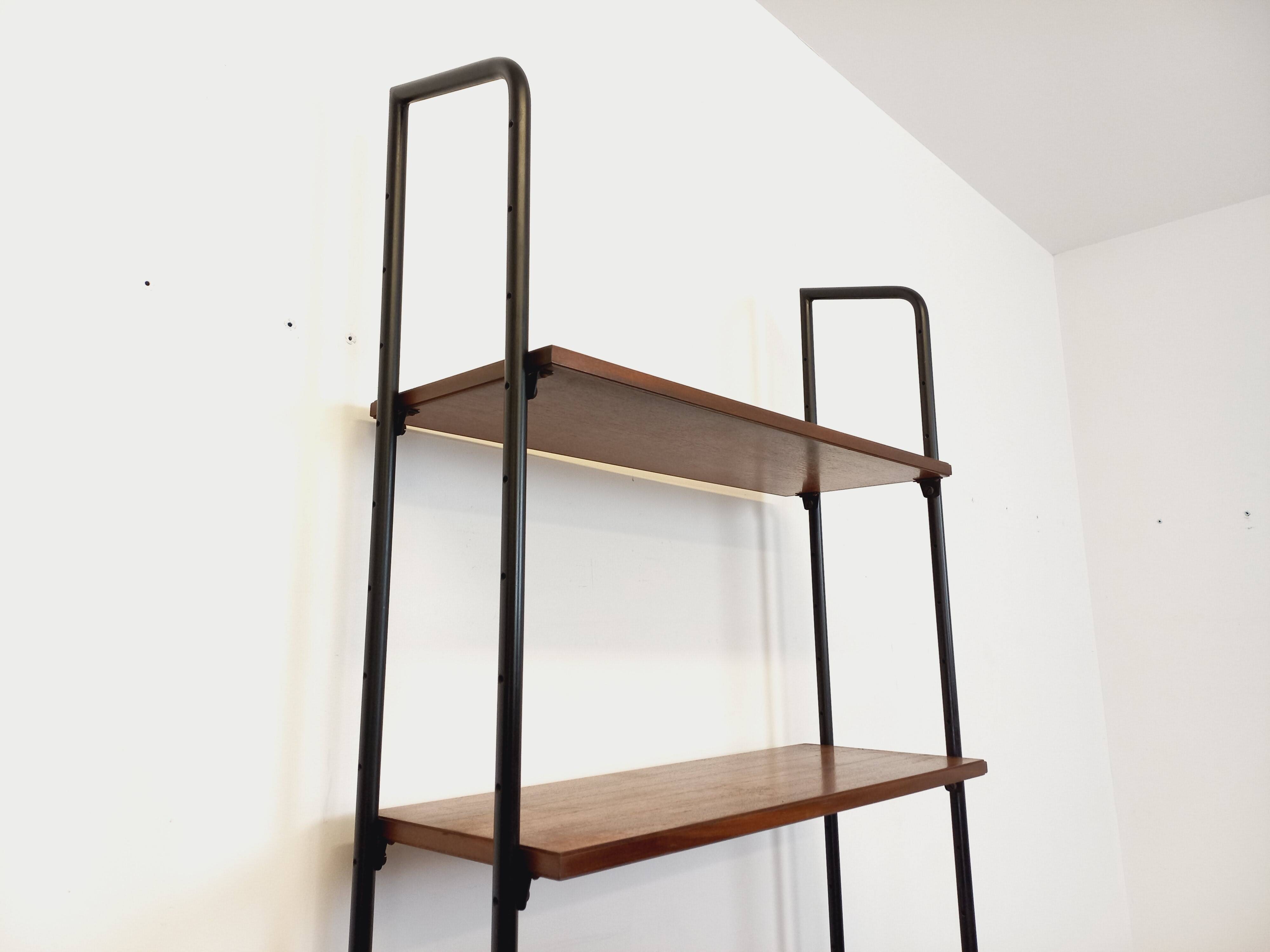 Vintage Italian modular shelving unit in teak and metal from the 1970s
