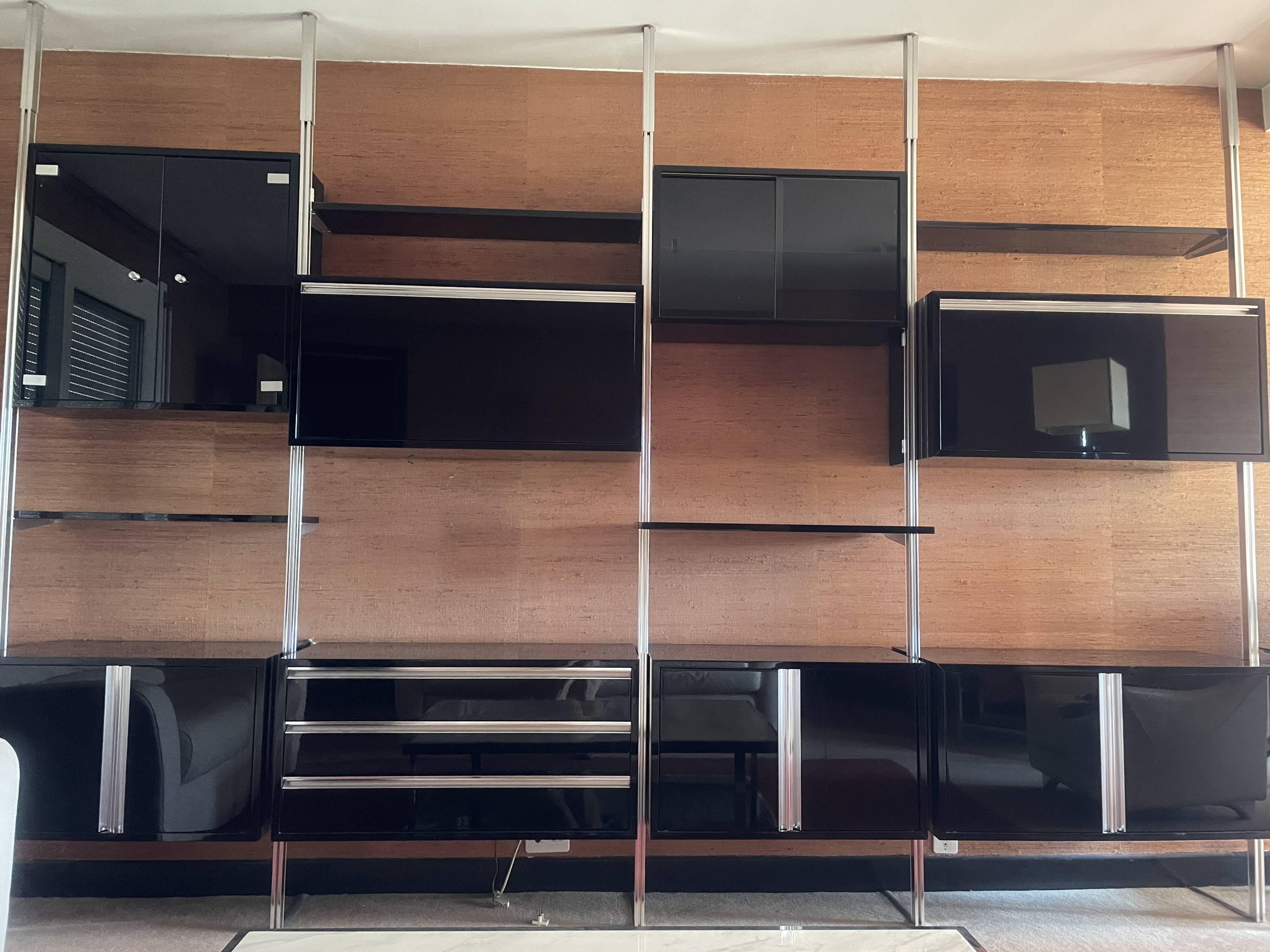 Large modular wall system Roche Bobois from the 70s – wood, black lacquered and