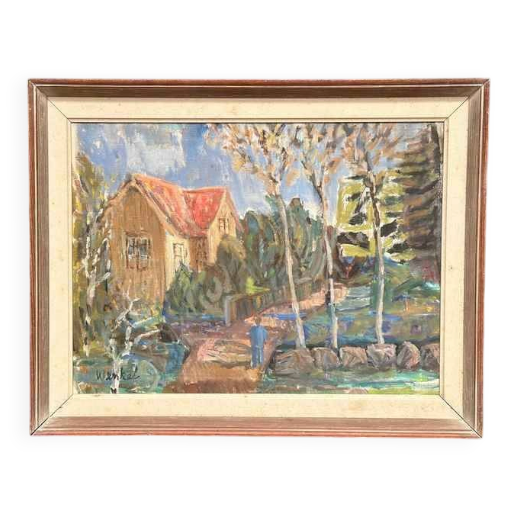 Huile sur toile suédoise d'époque mi-siècle – « Village » par Kenny Wenkel – Vintage et encadrée – 71 × 55 cm (28" × 21,7")