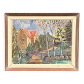 Huile sur toile suédoise d'époque mi-siècle – « Village » par Kenny Wenkel – Vintage et encadrée – 71 × 55 cm (28" × 21,7")
