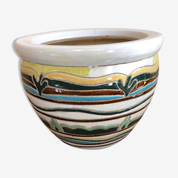 Old Cache Pot Ceramic White Decoration Enamelled Multicolored Vintage