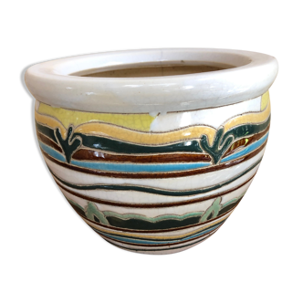 Old Cache Pot Ceramic White Decoration Enamelled Multicolored Vintage