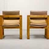 Set of Camel Leather Cubic Pinewood Side Chairs by Ate van Apeldoorn 1970s