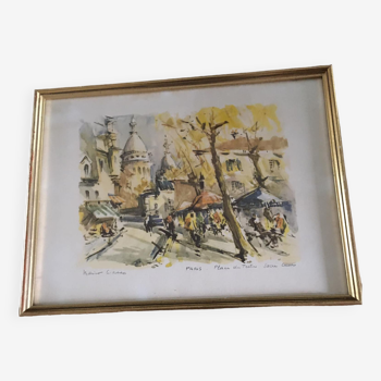 Watercolor on cream paper PARIS Place du Tertre Sacré Coeur. Artwork signed Marius GIRARD (60s)