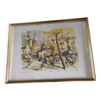Watercolor on cream paper PARIS Place du Tertre Sacré Coeur. Artwork signed Marius GIRARD (60s)