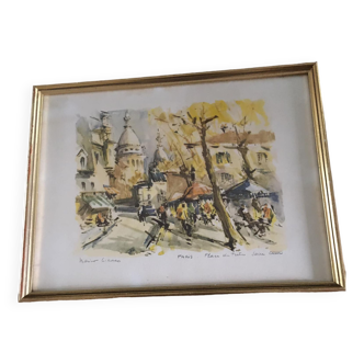 Aquarelle sur papier crème PARIS Place du Tertre Sacré Coeur. Œuvre signée Marius GIRARD (années 60)