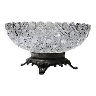 Antique pressed glass bowl with diamond points, circa 1920-1950, on a pewter base