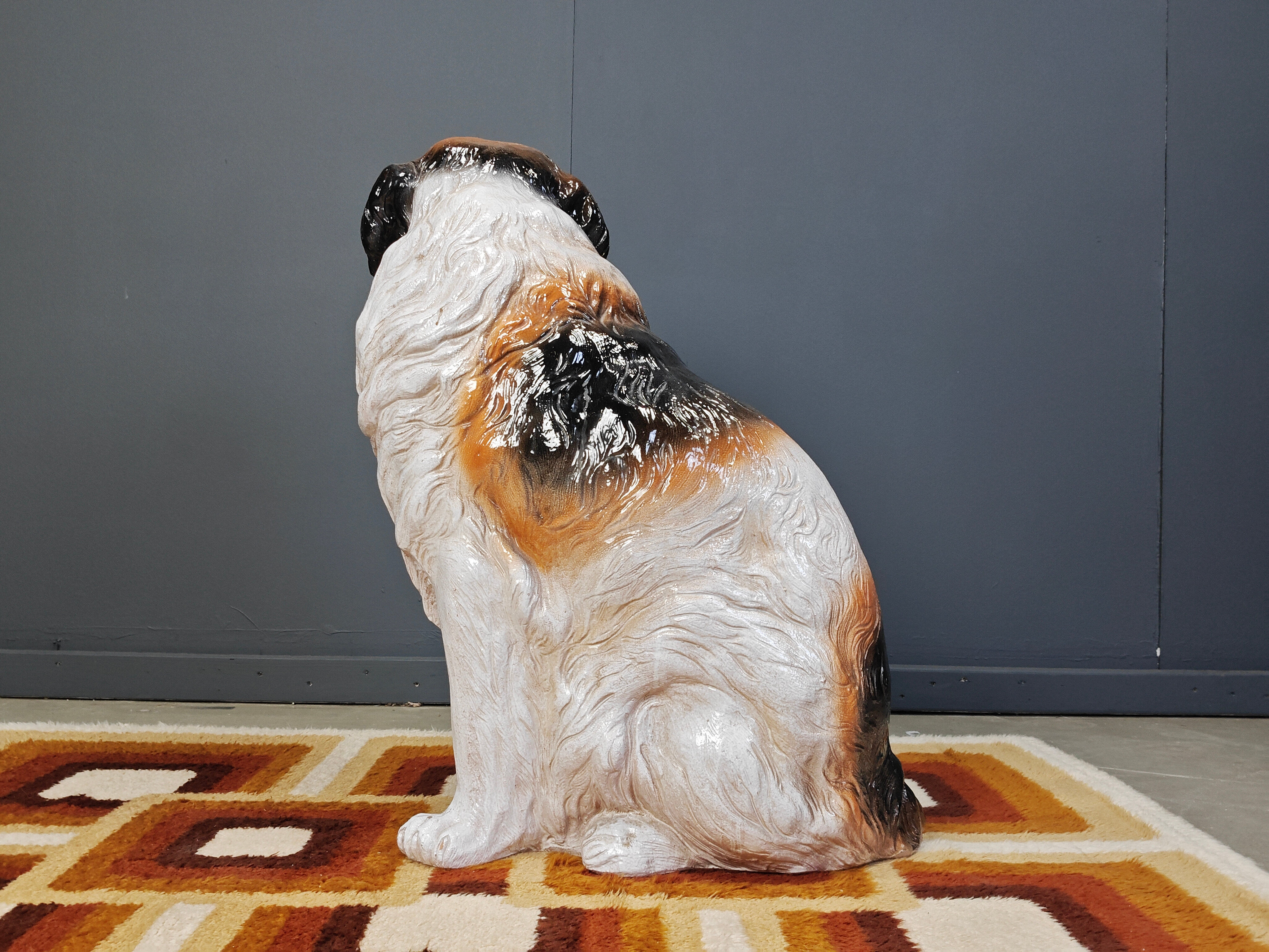 Life sized vintage glazed terracotta St Bernard dog sculpture, 1960s