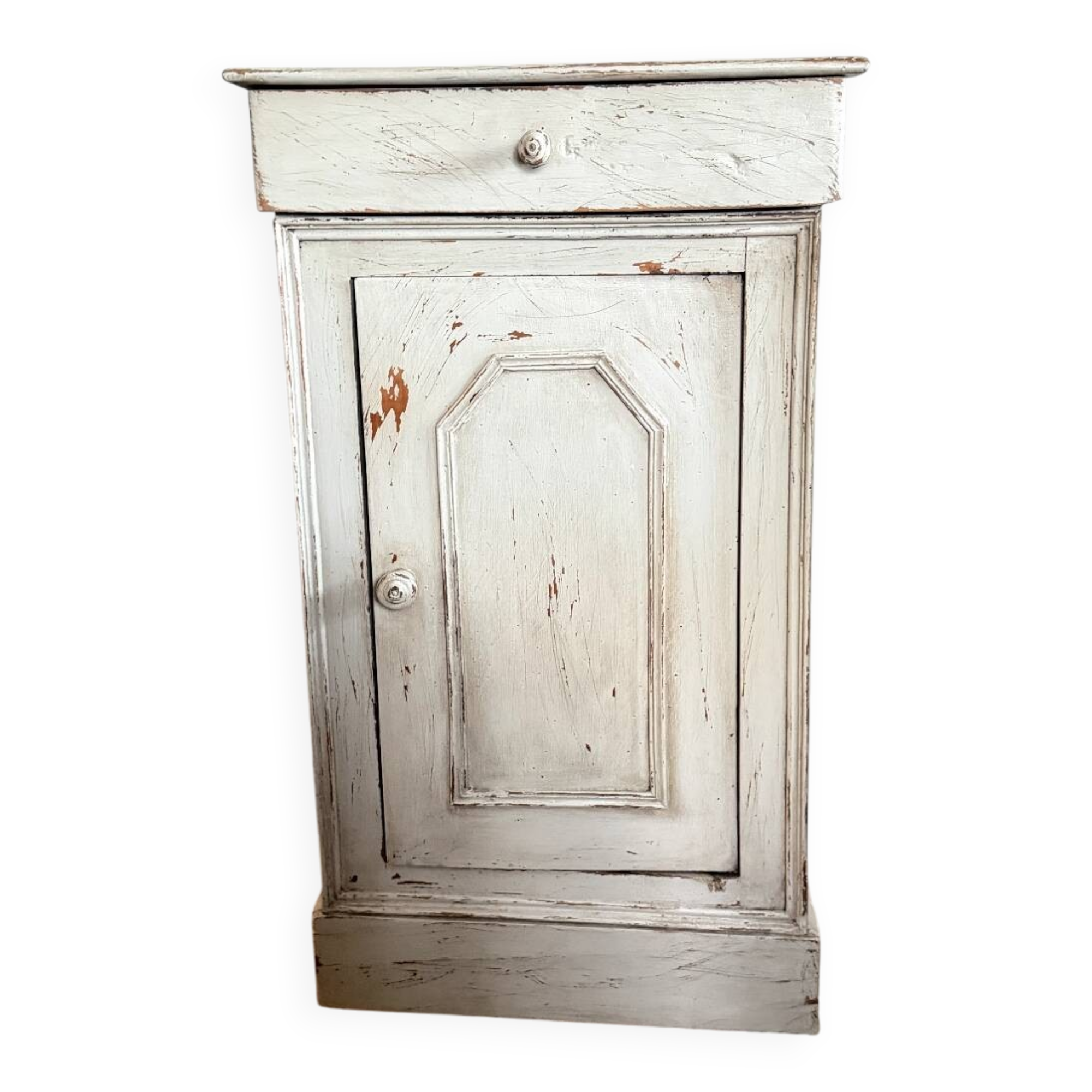 Petit meuble ancien patiné gris pierre/ table d'appoint / chevet