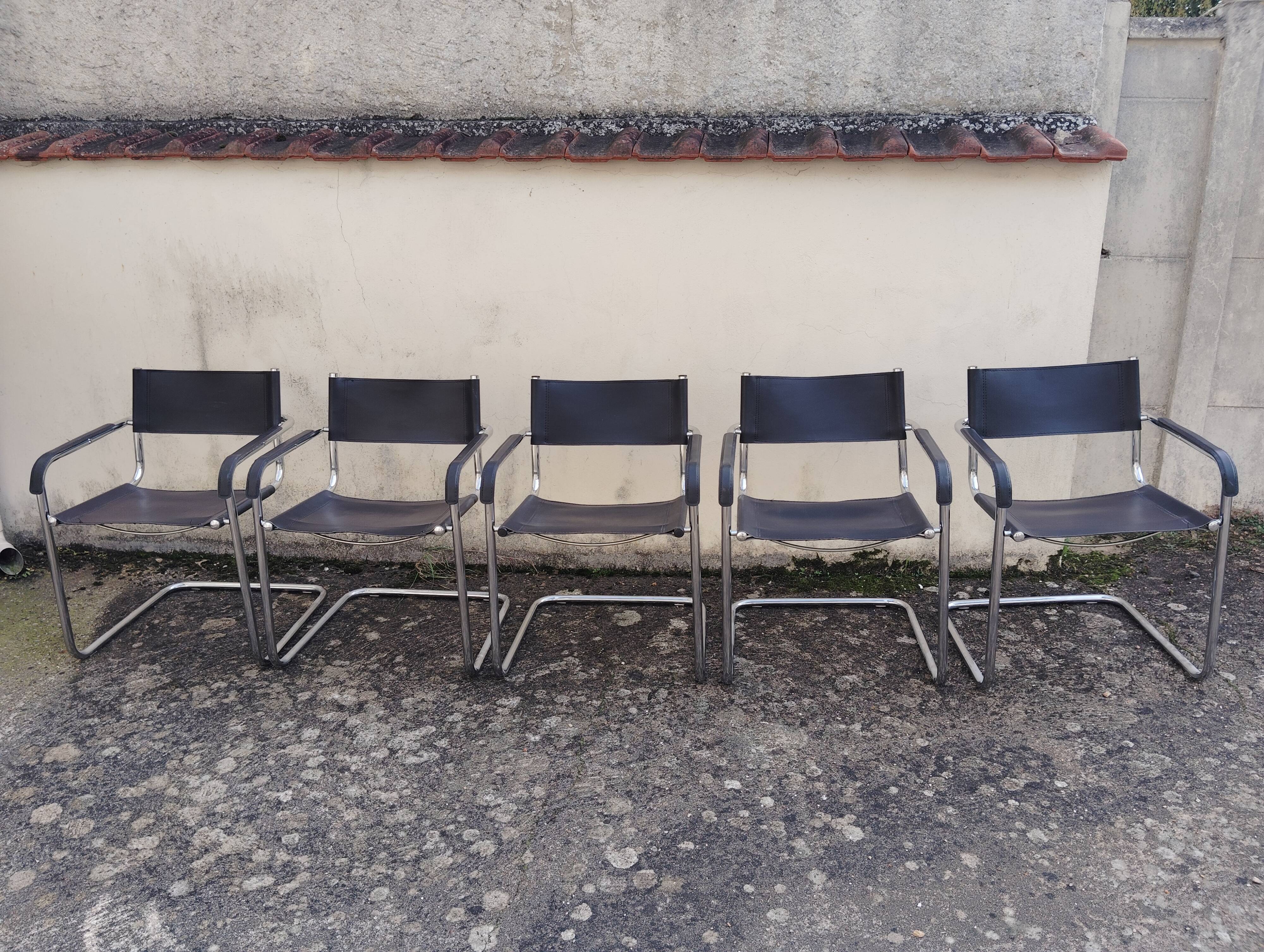 Set of 5 leather/chrome cantilever chairs